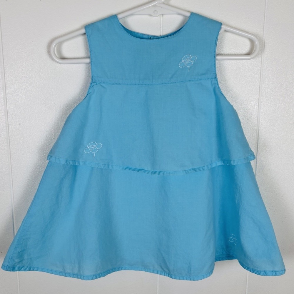 Vintage Y2K Aqua Blue A-Line Shift Sleeveless Dress 6mo Baby‎ 100% Cotton Tiered